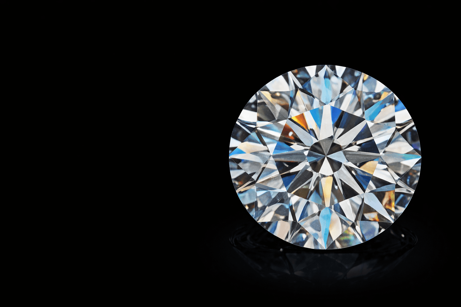 A sparkling round-cut diamond on a black surface.